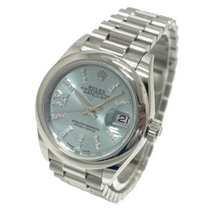 ROLEX 279166 Oyster Perpetual Datejust Automatic Ice Blue Roman Dial Diamond Watch Pt950 Women's Silver
