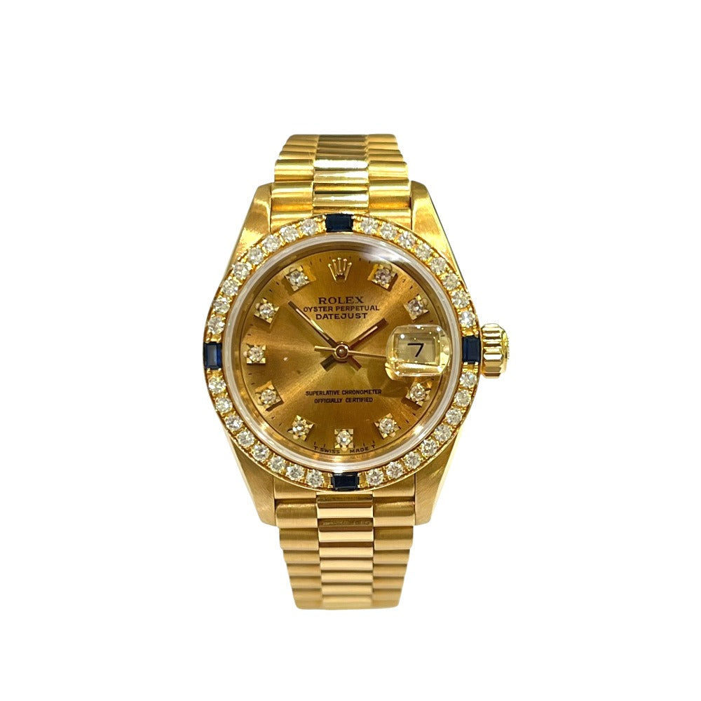 ROLEX 69088 デイトジャスト K18無垢 10Pダイヤ ベゼル ダイヤモンド×サファイア 自動巻き 腕時計 K18YG レディース ゴールド