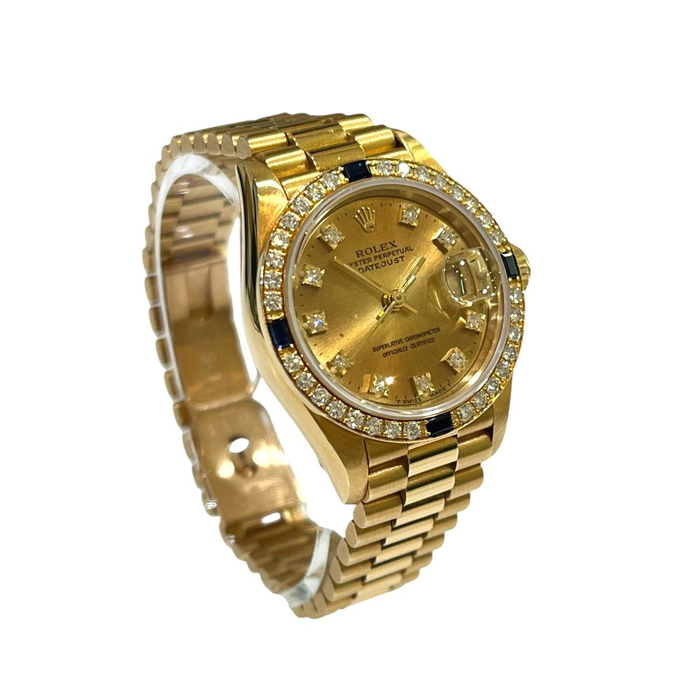 ROLEX 69088 デイトジャスト K18無垢 10Pダイヤ ベゼル ダイヤモンド×サファイア 自動巻き 腕時計 K18YG レディース ゴールド