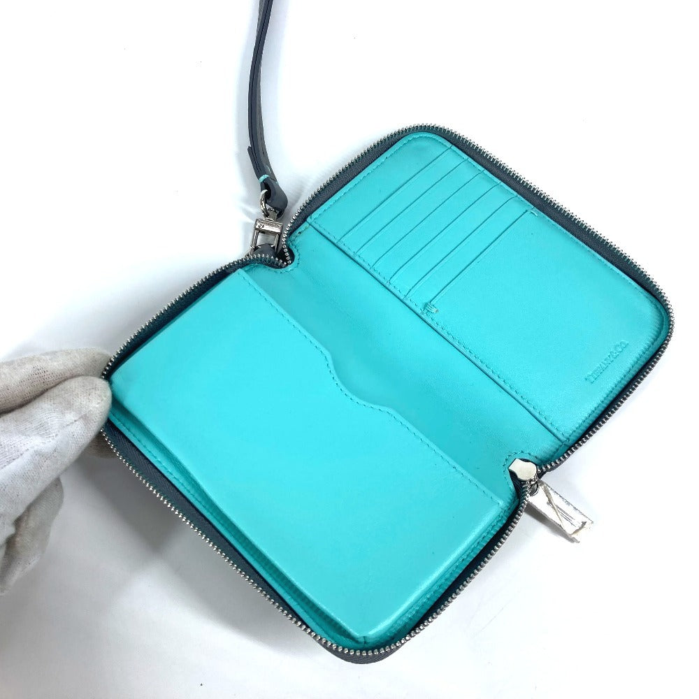 TIFFANY&Co. Smartphone pouch Card Case Business card holder Pass case logo Zip Around Pouch Leather gray Used
