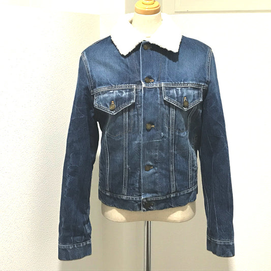 SAINT LAURENT PARIS 483202 YZ883 ロゴ モノグラムマキシパッチ ボア デニムジャケット コットン レディース デニムブルー×ホワイト