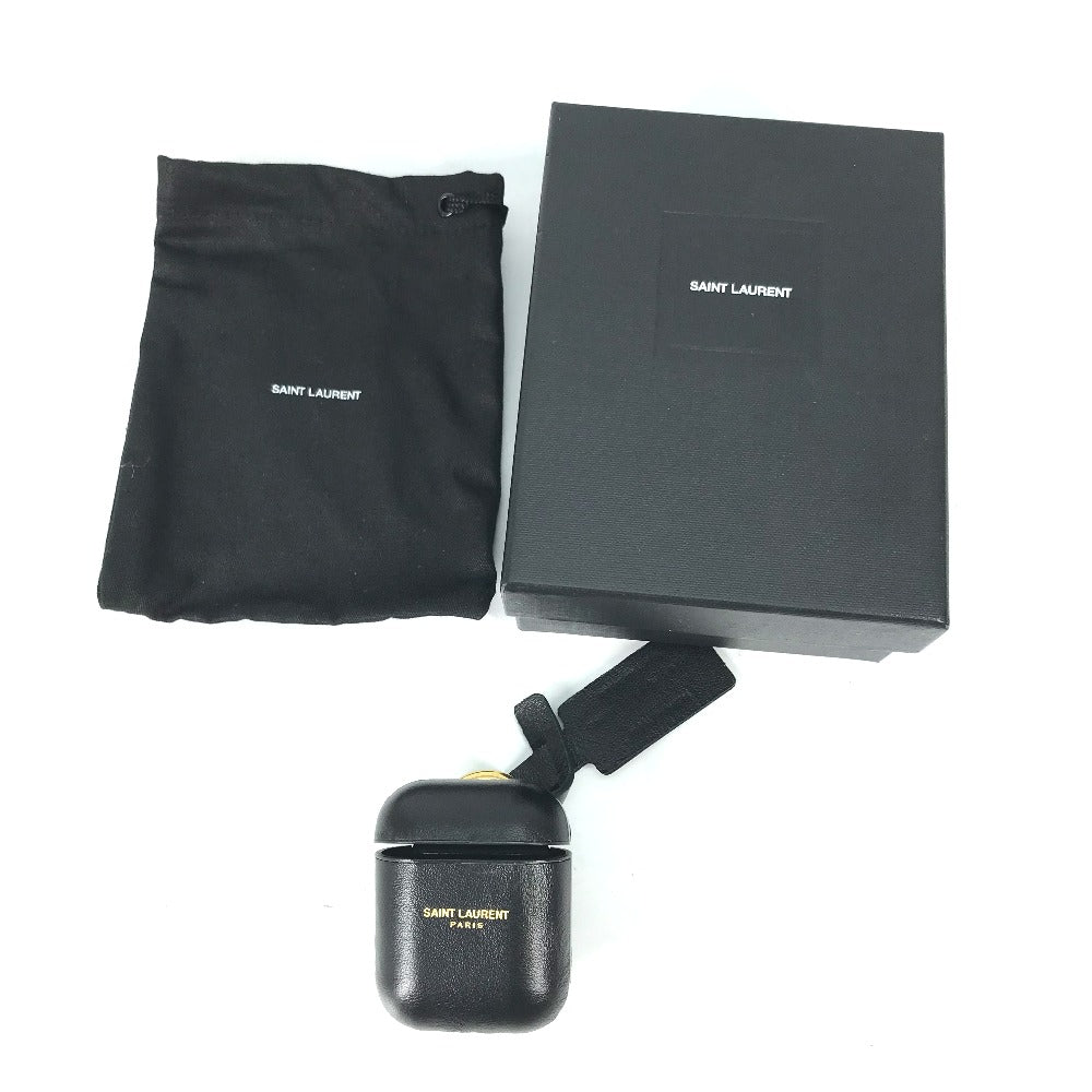 SAINT LAURENT PARIS 635662 エアポッズ apple アップル イヤホン ロゴ airpodsケース キーホルダー イヤフォンケース レザー レディース ブラック
