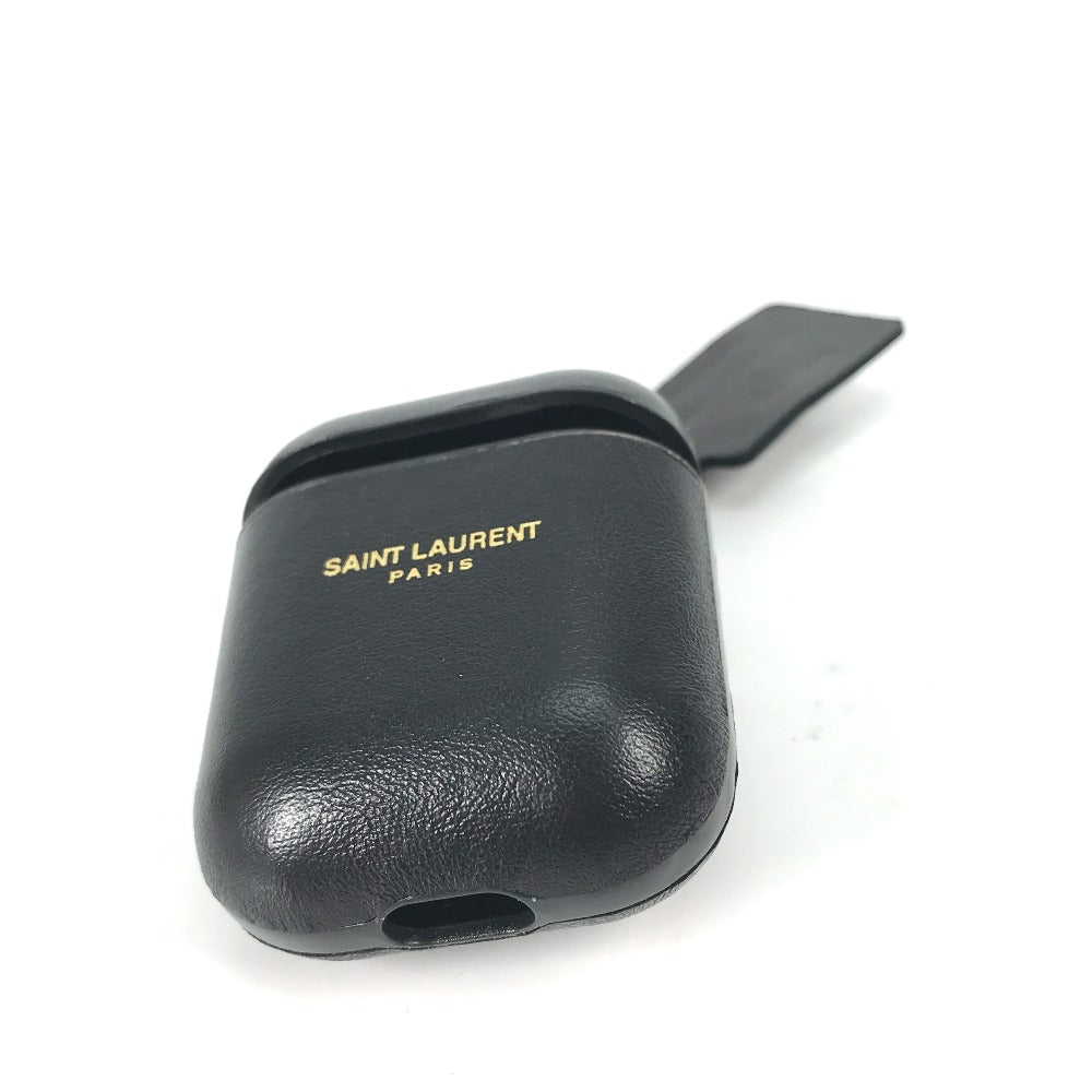 SAINT LAURENT PARIS 635662 エアポッズ apple アップル イヤホン ロゴ airpodsケース キーホルダー イヤフォンケース レザー レディース ブラック