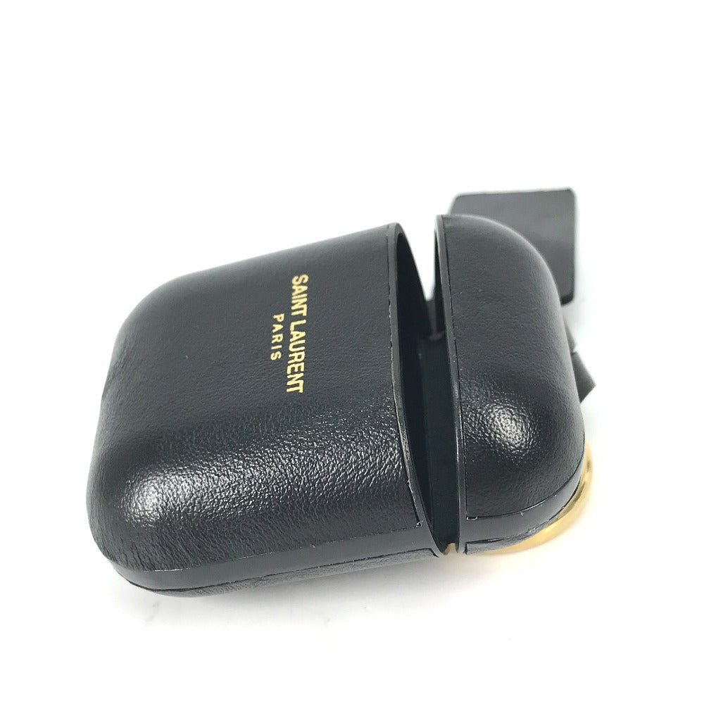 SAINT LAURENT PARIS 635662 エアポッズ apple アップル イヤホン ロゴ airpodsケース キーホルダー イヤフォンケース レザー レディース ブラック