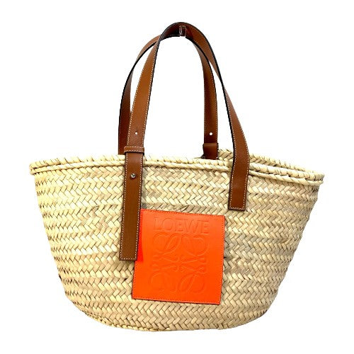 LOEWE A223S92X01 Anagram Shoulder Bag, Medium Basket Bag, Straw Tote Bag, Women's, Orange