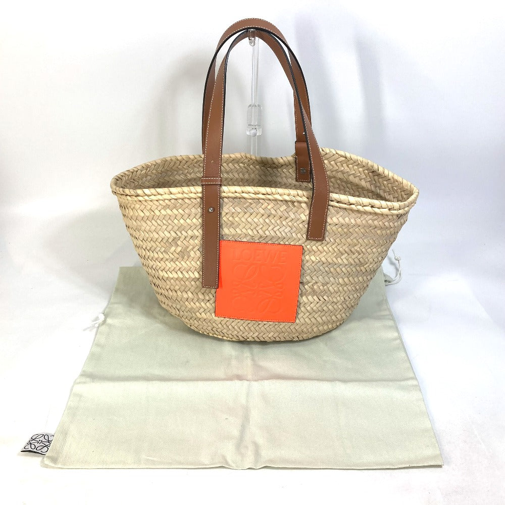 LOEWE A223S92X01 Anagram Shoulder Bag, Medium Basket Bag, Straw Tote Bag, Women's, Orange