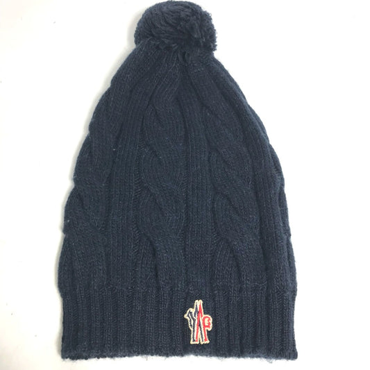 MONCLER ポンポン ロゴ ビーニー 帽子 ニット帽 ニットキャップ ニット帽 ウール レディース ネイビー
