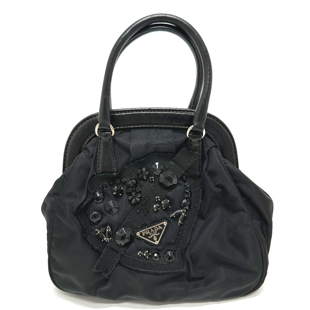 PRADA ハート ビジュー カバン ハンドバッグ ナイロン/レザー レディース ブラック - brandshop-reference