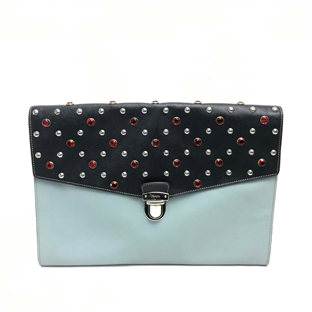 PRADA VR074C サフィアーノ ビジュー×スタッズ カバン フラップ クラッチバッグ レザー ユニセックス ブラック