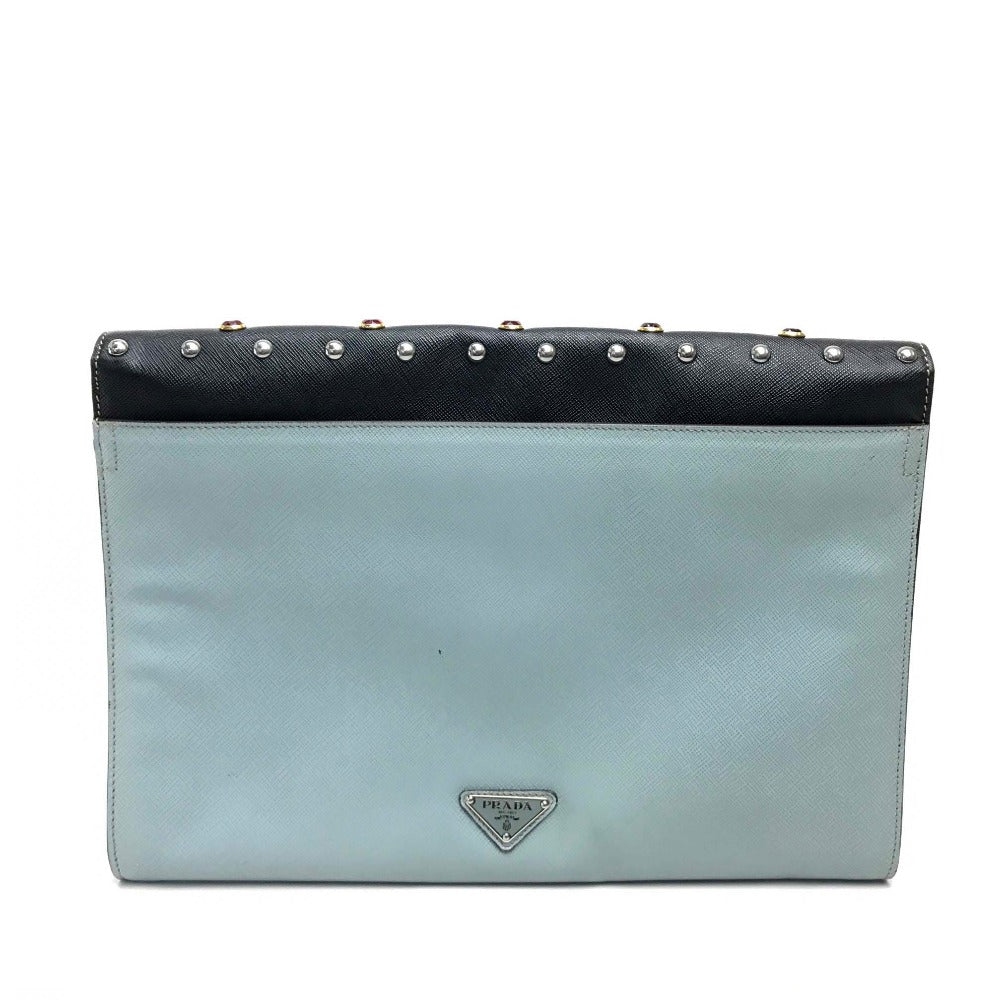 PRADA VR074C サフィアーノ ビジュー×スタッズ カバン フラップ クラッチバッグ レザー ユニセックス ブラック