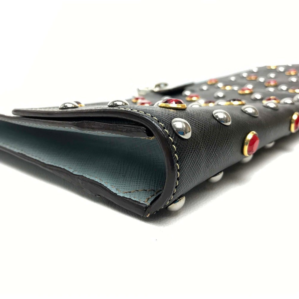 PRADA VR074C サフィアーノ ビジュー×スタッズ カバン フラップ クラッチバッグ レザー ユニセックス ブラック