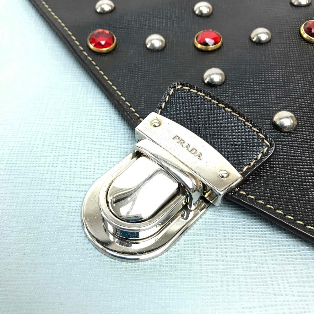PRADA VR074C サフィアーノ ビジュー×スタッズ カバン フラップ クラッチバッグ レザー ユニセックス ブラック