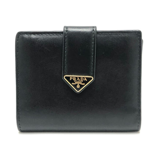 PRADA 1MV204 トライアングルプレート 財布 ミニウォレット コンパクト財布 ゴールド金具 2つ折り財布 レザー ユニセックス ブラック