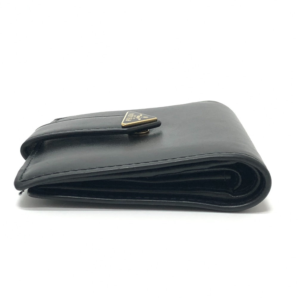 PRADA 1MV204 Triangle Plate Wallet, Mini Wallet, Compact Wallet, Gold Hardware, Bifold Wallet, Leather, Unisex, Black