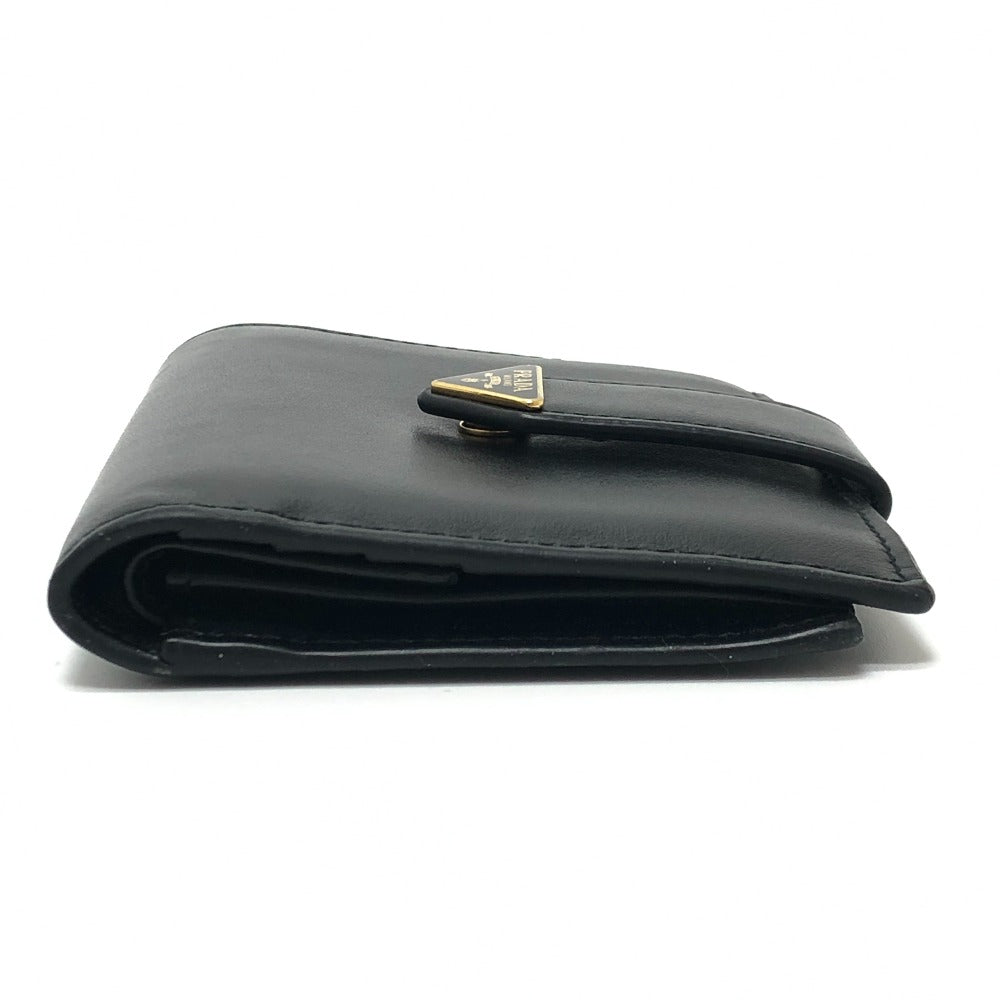 PRADA 1MV204 Triangle Plate Wallet, Mini Wallet, Compact Wallet, Gold Hardware, Bifold Wallet, Leather, Unisex, Black