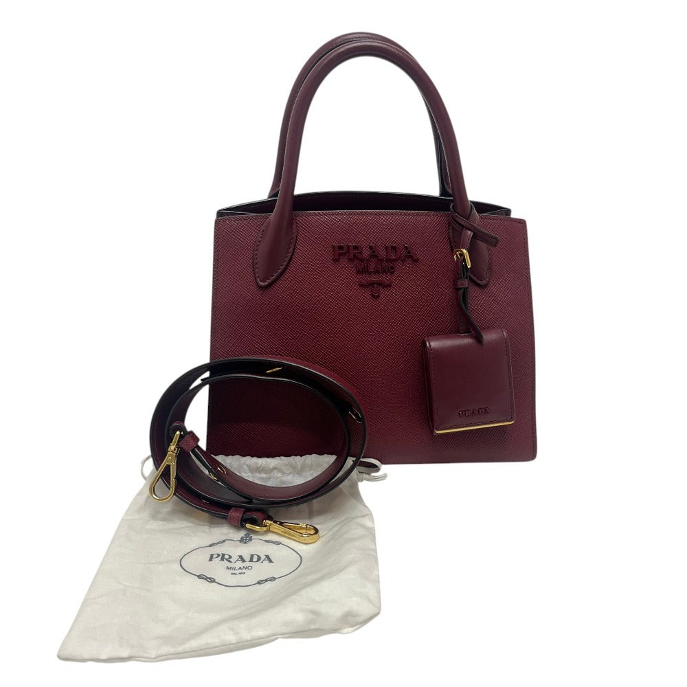 PRADA 1BA156 logo monochrome 2-Way Shoulder Bag with Mirror and Charm Pouch Hand Bag Safiano leather wine-red Used