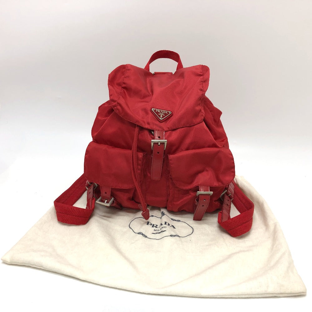 PRADA バックパック ロゴプレート 三角 トライアングルロゴ Wポケット カバン リュックサック ナイロン レディース レッド