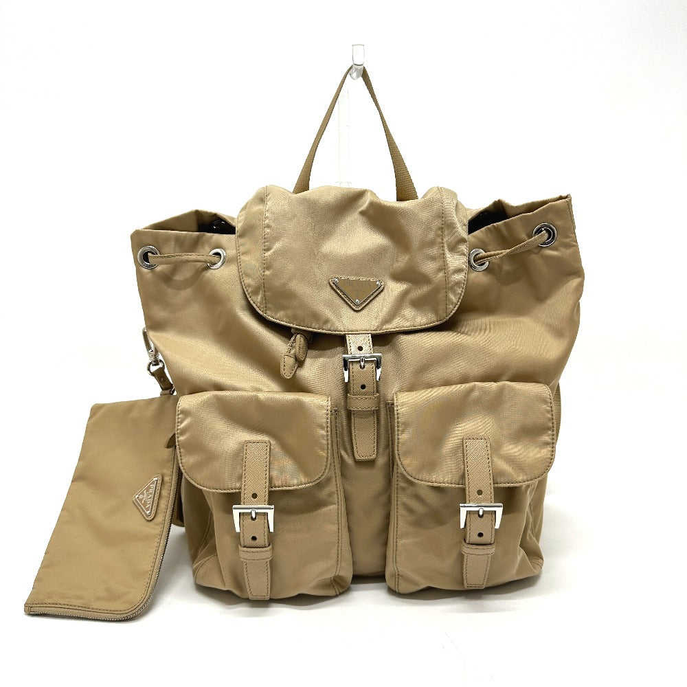 PRADA 1BZ811 Triangle Logo Double Pocket Daypack Backpack Rucksack Nylon Women's Beige