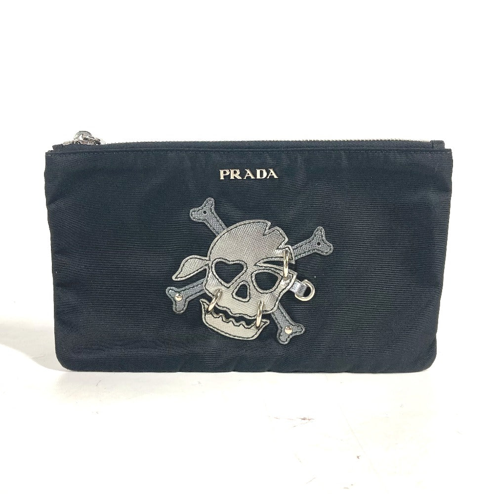 PRADA 2M1214 Makeup Pouch, Skull Design, Clutch Bag, Nylon, Unisex, Black
