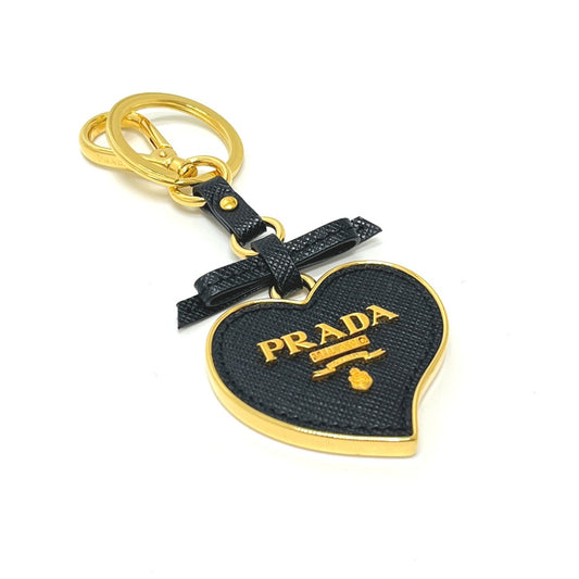 PRADA 1TL126 Saffiano Toys Heart Keyring Trick Heart Key Holder Back charm Key Holder Safiano leather Black/Gold Used