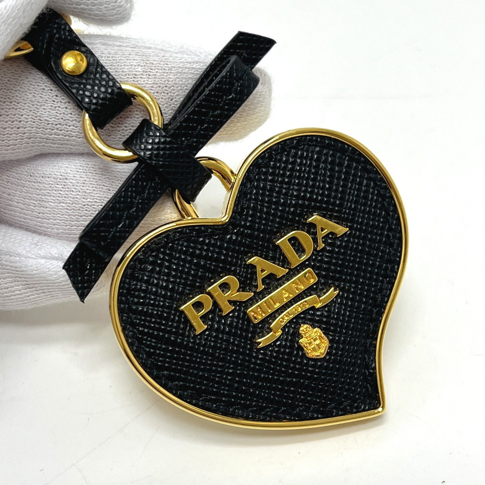 PRADA 1TL126 Saffiano Toys Heart Keyring Trick Heart Key Holder Back charm Key Holder Safiano leather Black/Gold Used
