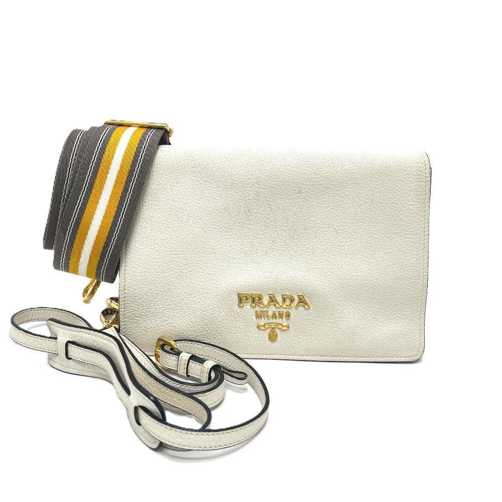 PRADA 1BD159 ロゴ ヴィッテロダイノレザー 2WAY カバン バッグ 斜め掛け フラップ ポシェット ショルダーバッグ レザー レディース ホワイト