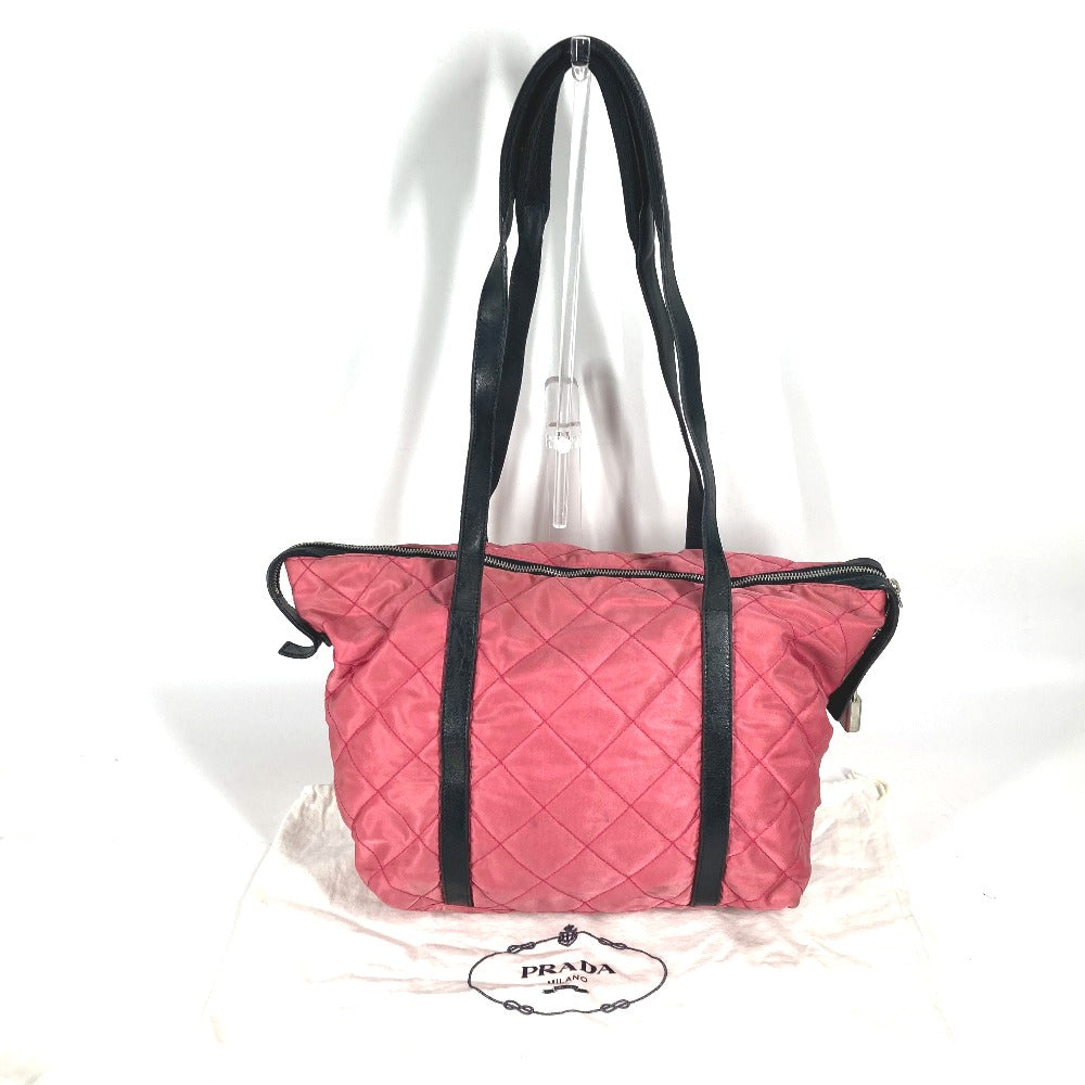PRADA トライアングルロゴ 三角ロゴ プレート ロゴ キルティング バイカラー ショルダーバッグ 肩掛け カバン トートバッグ ナイロン レディース ピンク - brandshop-reference