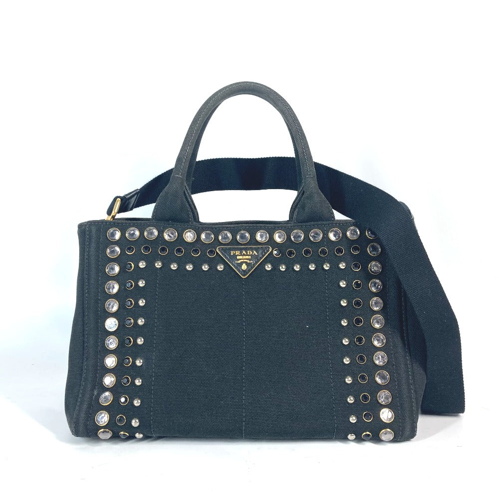 PRADA 1BG439 斜め掛け ストーン付き カナパS 2WAYバッグ ショルダーバッグ カバン ハンドバッグ トートバッグ キャンバス レディース ブラック - brandshop-reference