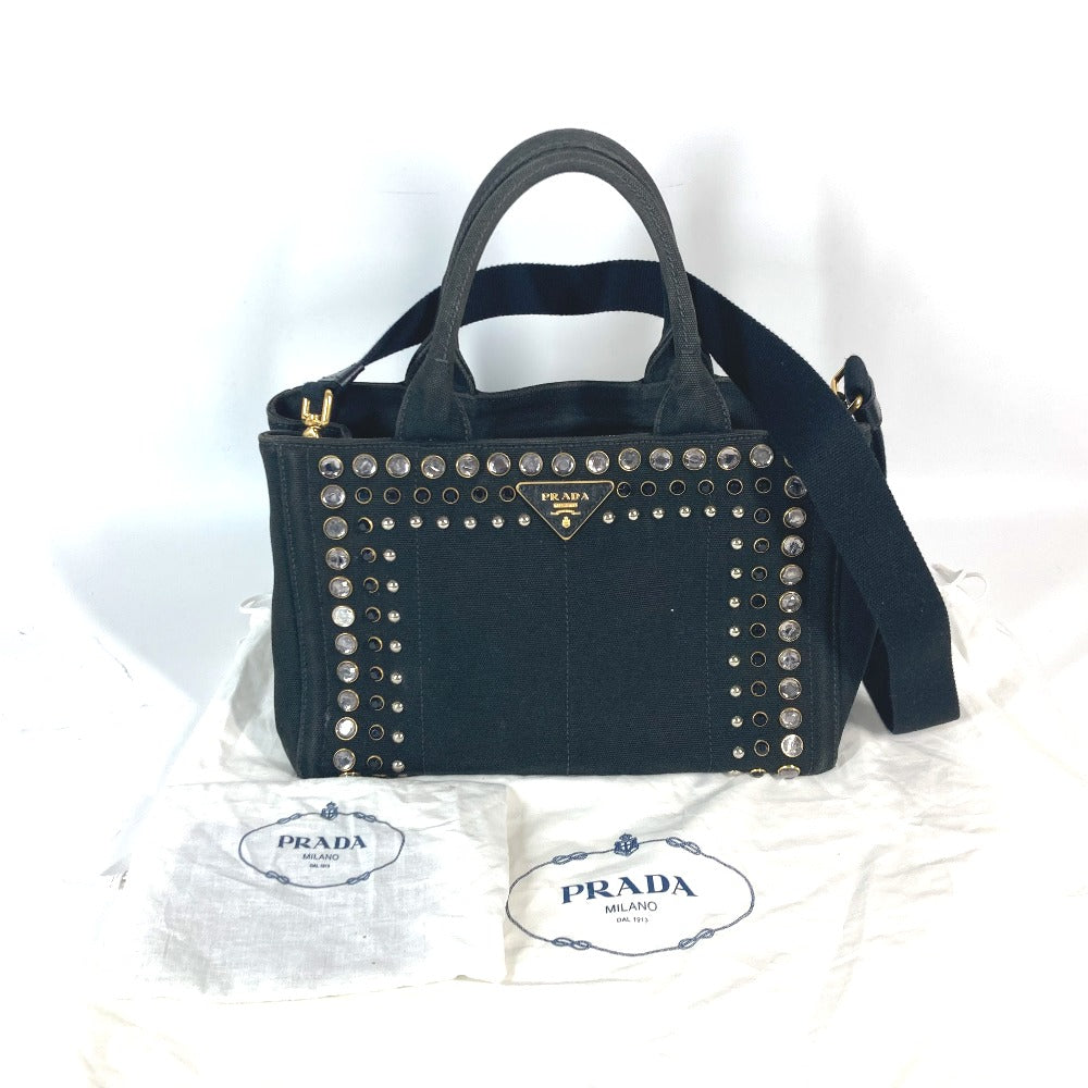 PRADA 1BG439 斜め掛け ストーン付き カナパS 2WAYバッグ ショルダーバッグ カバン ハンドバッグ トートバッグ キャンバス レディース ブラック - brandshop-reference