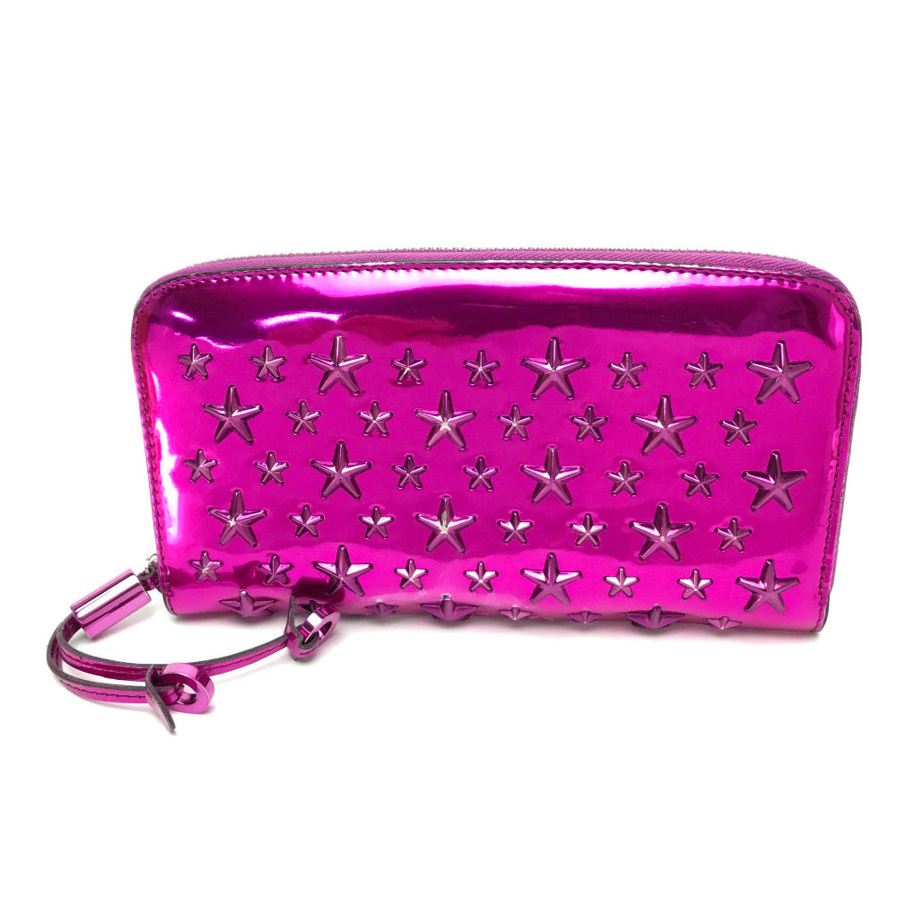 JIMMY CHOO 163FILIPA.CIM Star Studs Filipa Wallet, Round Zip Long Wallet, Patent Leather, Unisex, Metallic Purple