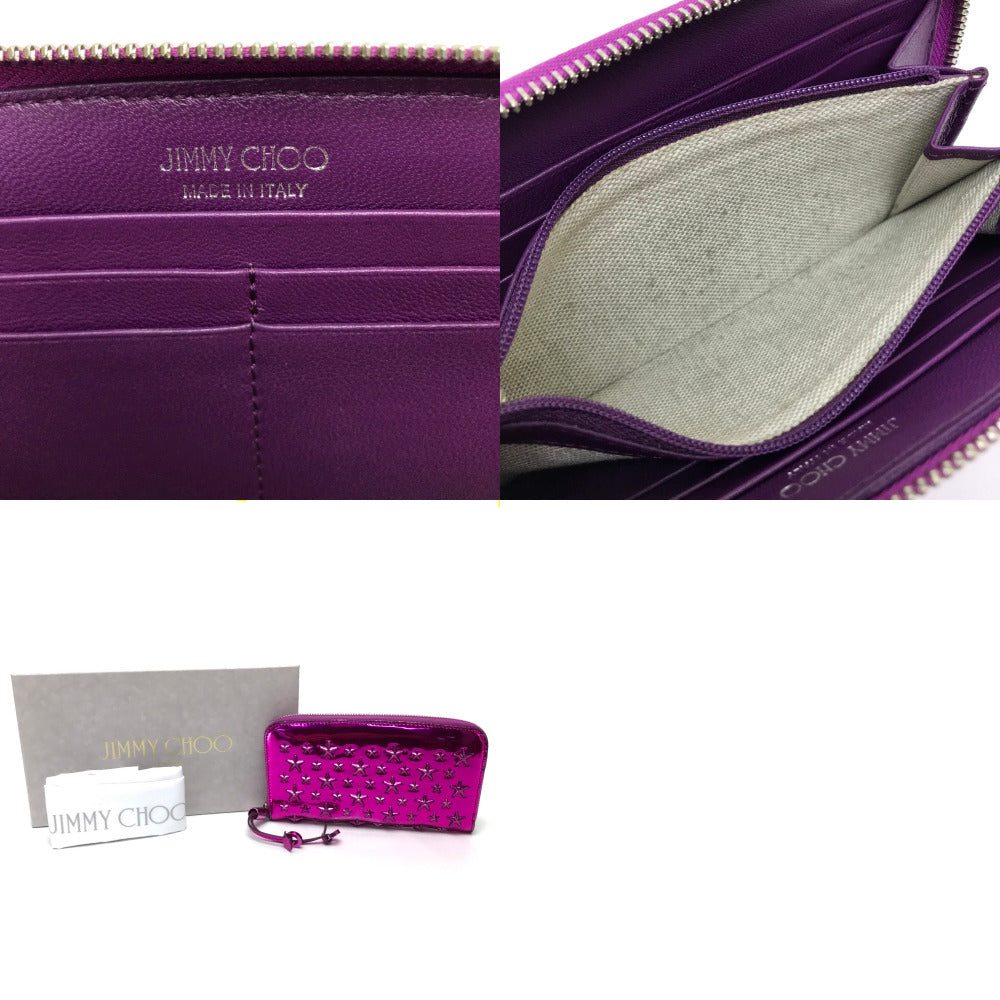 JIMMY CHOO 163FILIPA.CIM Star Studs Filipa Wallet, Round Zip Long Wallet, Patent Leather, Unisex, Metallic Purple