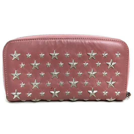 JIMMY CHOO スタースタッズ ブランド雑貨 小物 ラウンドジップ ラウンドファスナー長財布 長財布 ラムレザー レディース ローズピンク系