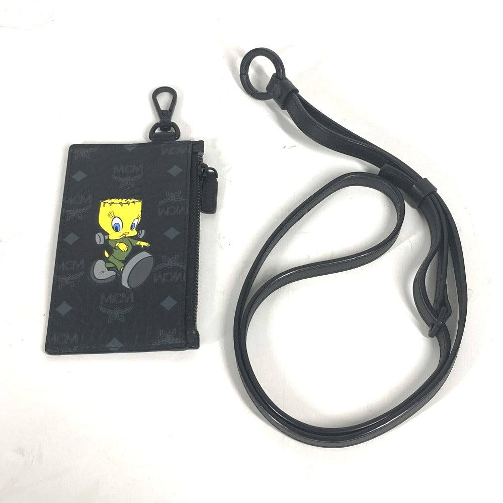 MCM Looney Tunesコラボ ヴィセトス トゥイーティー 財布 小銭入れ フラグメントケース ネックストラップ付き コインケース レザー レディース ブラック