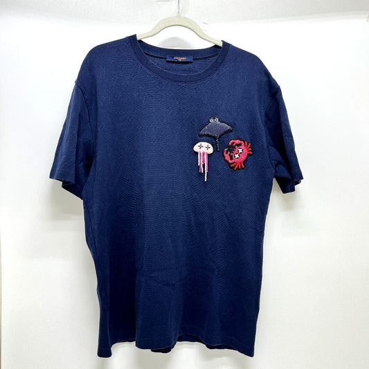 LOUIS VUITTON RM211V DG1 HLY11W Spring/Summer 2021 Beaded Animal &amp; Monogram Short Sleeve Top, Navy, Men's Knit T-Shirt