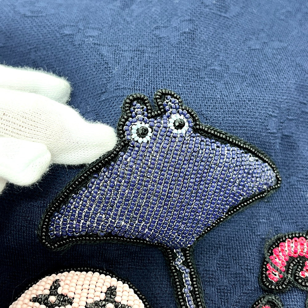 LOUIS VUITTON RM211V DG1 HLY11W Spring/Summer 2021 Beaded Animal &amp; Monogram Short Sleeve Top, Navy, Men's Knit T-Shirt