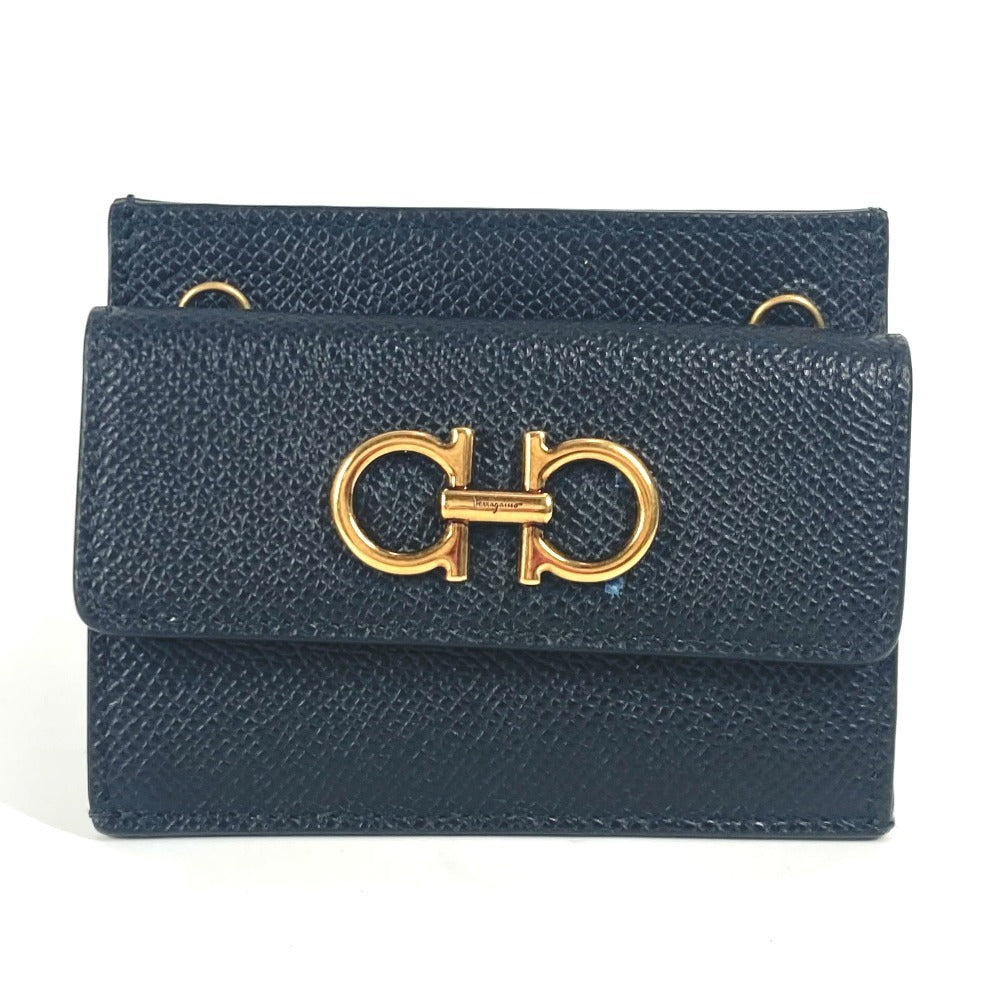 Salvatore Ferragamo wallet, coin purse, crossbody pouch, Gancini logo, card and coin case with chain, business card holder, coin case, leather, women's, black