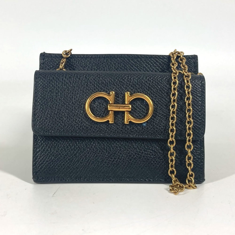 Salvatore Ferragamo wallet, coin purse, crossbody pouch, Gancini logo, card and coin case with chain, business card holder, coin case, leather, women's, black