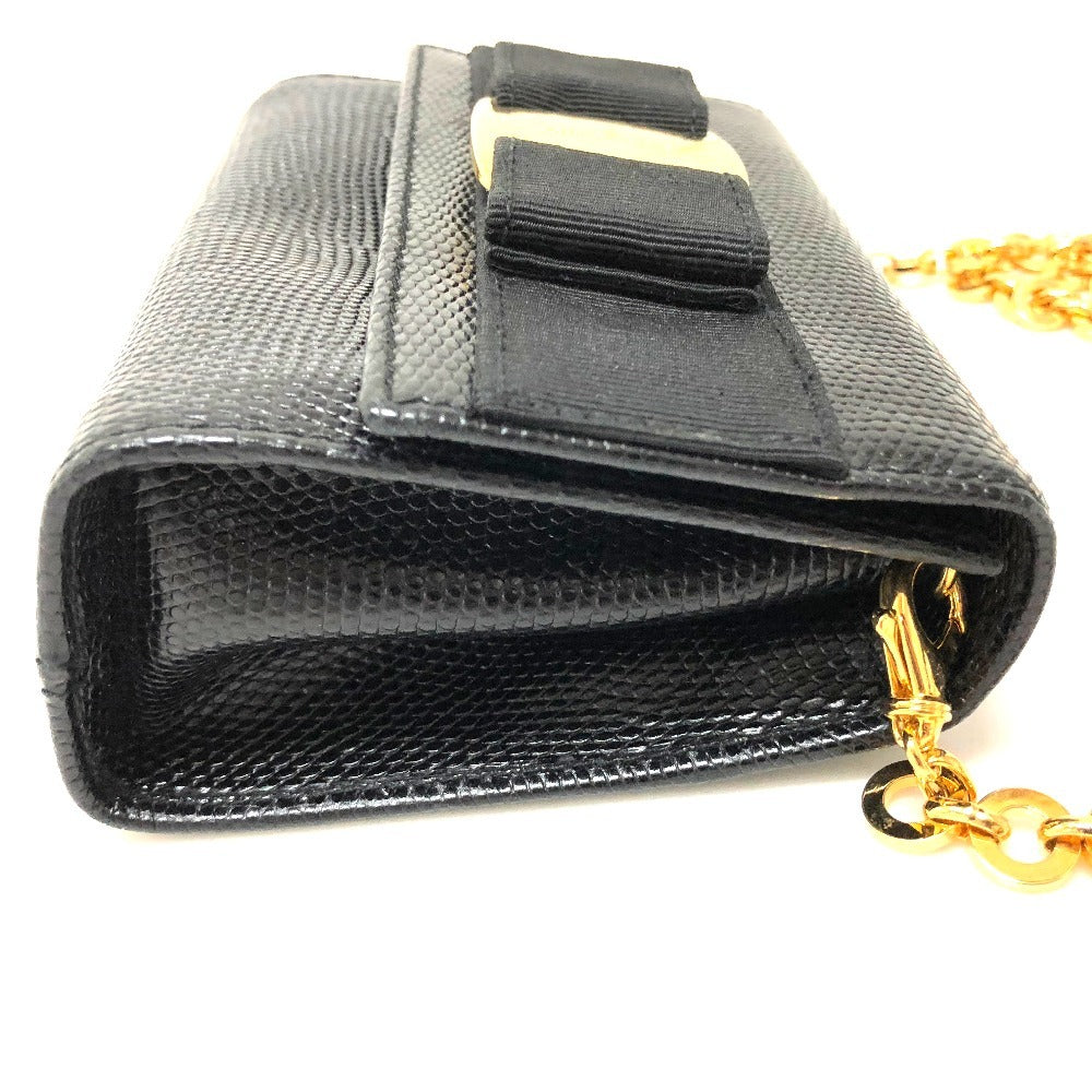 Salvatore Ferragamo Vara Ribbon Mini Pochette, Crossbody Bag, Waist Bag, Clutch, Shoulder Bag, Embossed Leather, Women's, Black and Gold