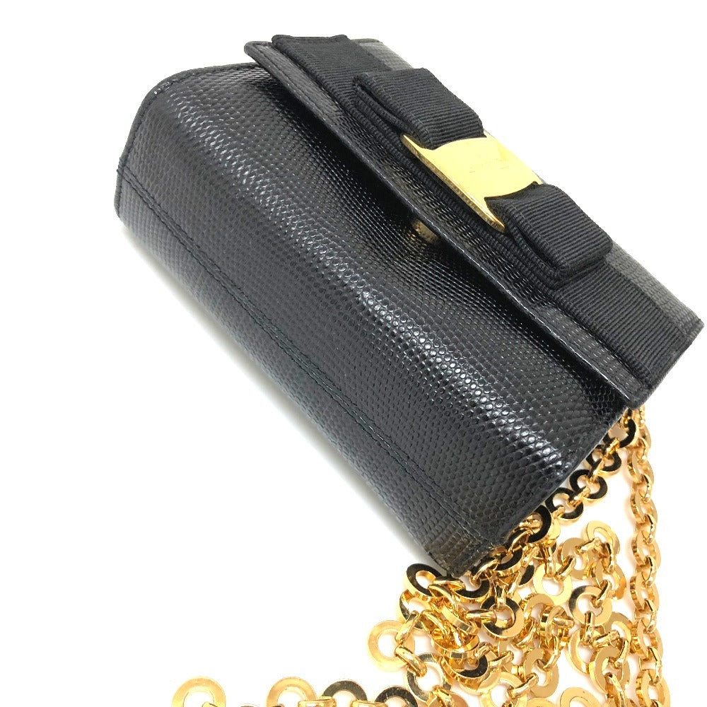 Salvatore Ferragamo Vara Ribbon Mini Pochette, Crossbody Bag, Waist Bag, Clutch, Shoulder Bag, Embossed Leather, Women's, Black and Gold