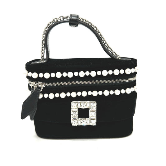 ROGER VIVIER RBWANMH70000LU クリスタル フェイクパール ヴァニティ ベルベット マイクロ 2WAY カバン 肩掛け バッグ ハンドバッグ サテン レディース ブラック