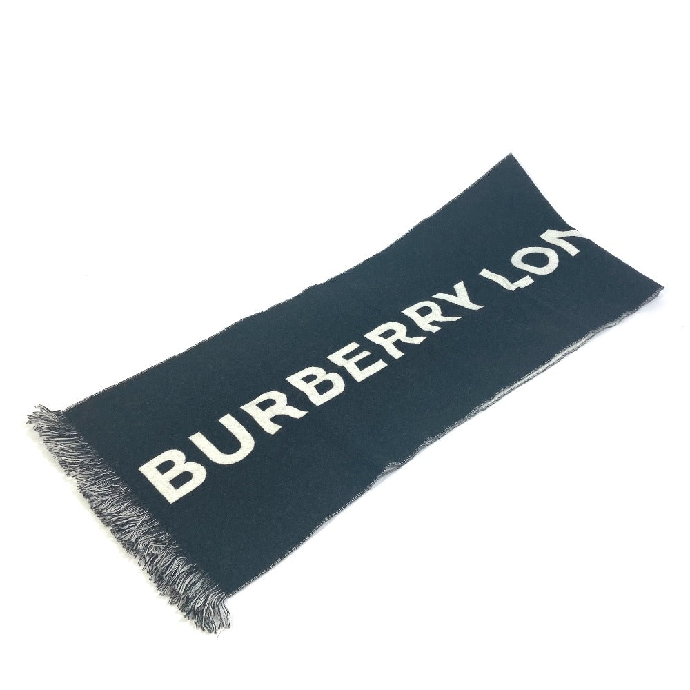 BURBERRY 80085081 Two-tone Fringe Scarf Logo Muffler Wool Women's Black x White