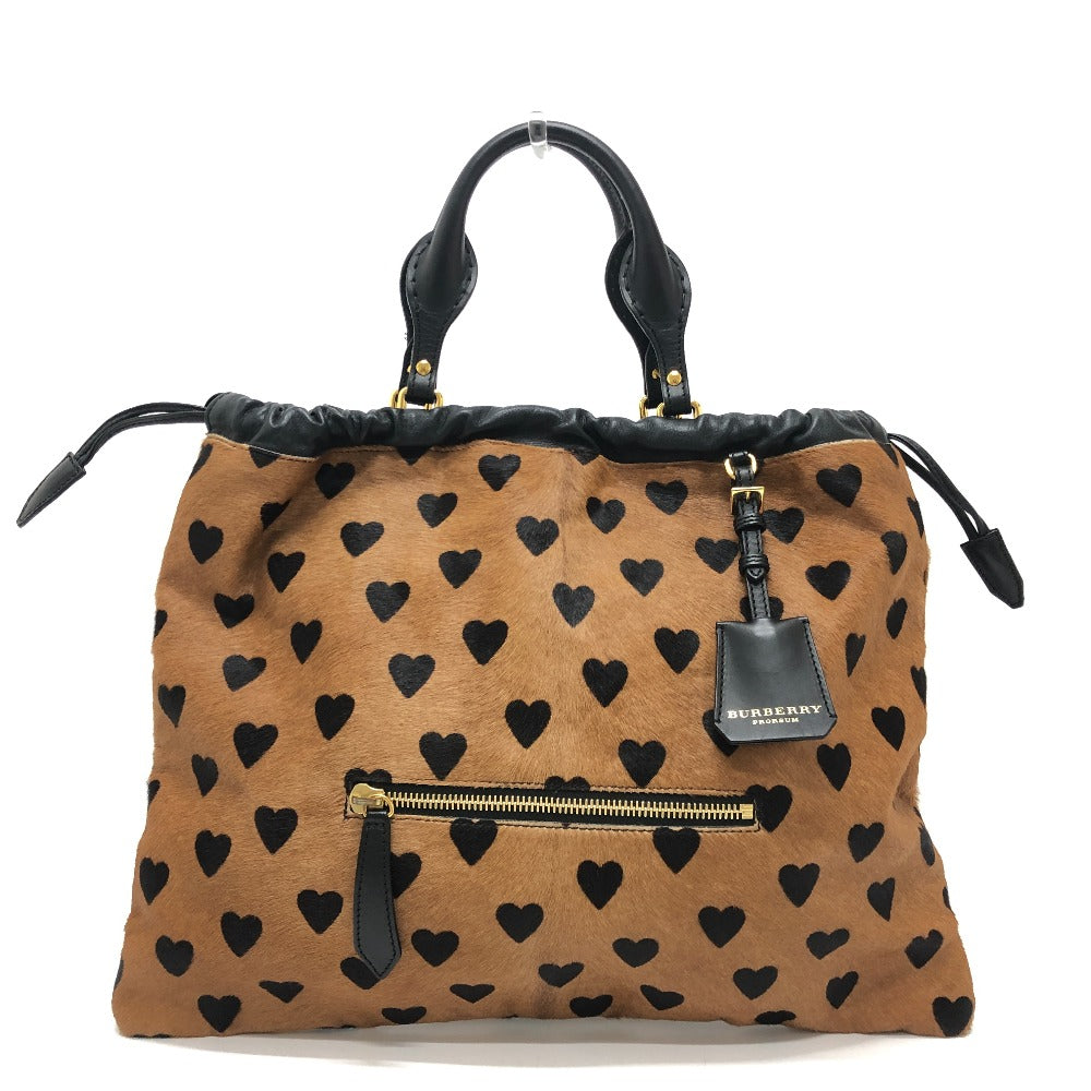 BURBERRY Burberry Prorsum Big Crush-in-Heart Print - All-over heart pattern Drawstring Handbag Tote Bag Pony-Hair/Leather Brown/Black Used