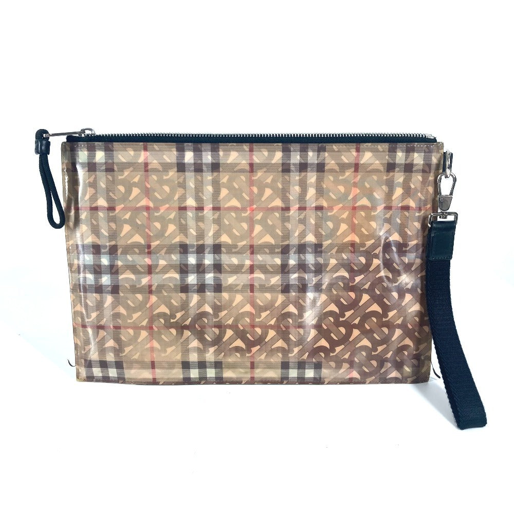 BURBERRY ロゴ チェック TB ポーチ カバン ストラップ付 クラッチバッグ ナイロン ユニセックス ベージュ