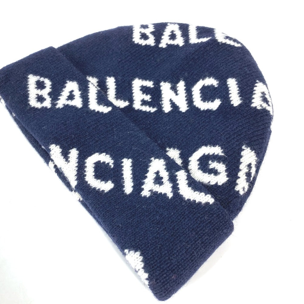 BALENCIAGA 633717 ロゴ ビーニー 帽子 ニット帽 ニットキャップ ニット帽 ウール レディース ネイビー