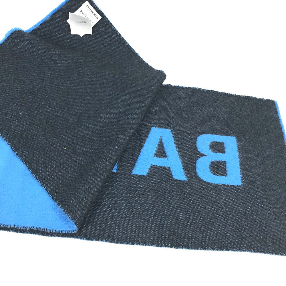 BALENCIAGA バイカラー ロゴ マフラー ウール メンズ ブルー
