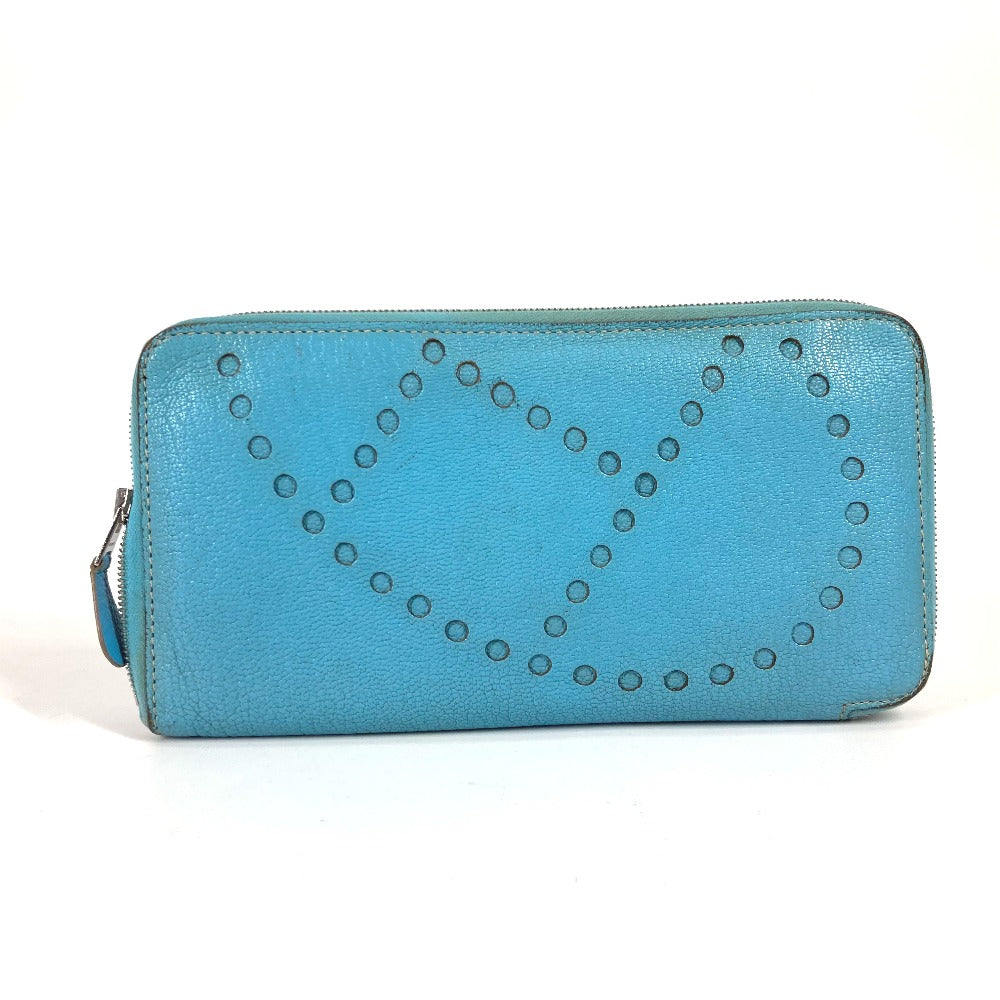 HERMES Evelyn Long Wallet with Punching Logo and Round Zipper, Leather, Women's, Blue Jean