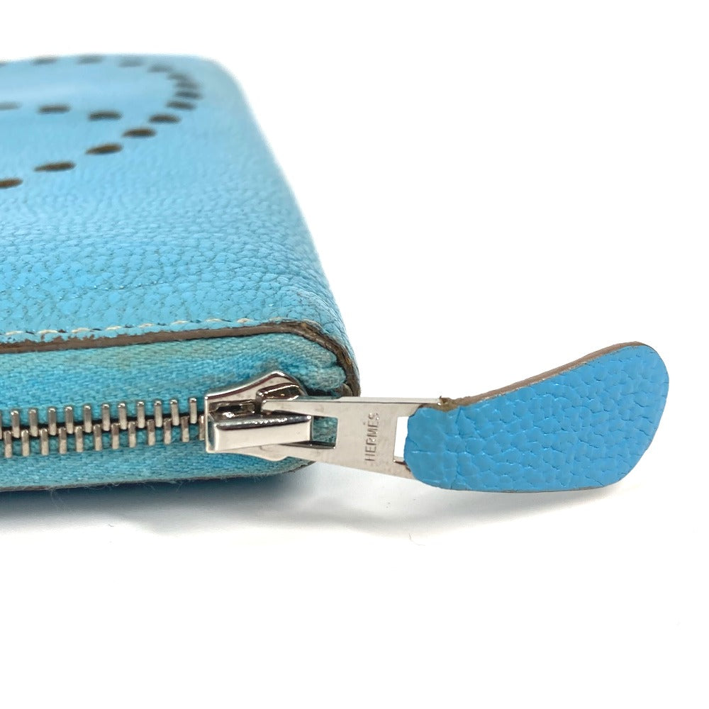 HERMES Evelyn Long Wallet with Punching Logo and Round Zipper, Leather, Women's, Blue Jean