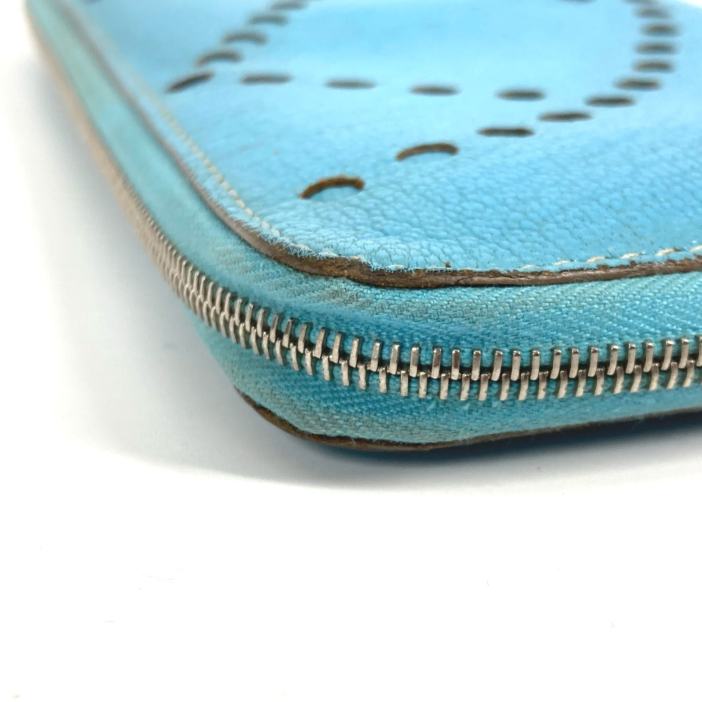 HERMES Evelyn Long Wallet with Punching Logo and Round Zipper, Leather, Women's, Blue Jean