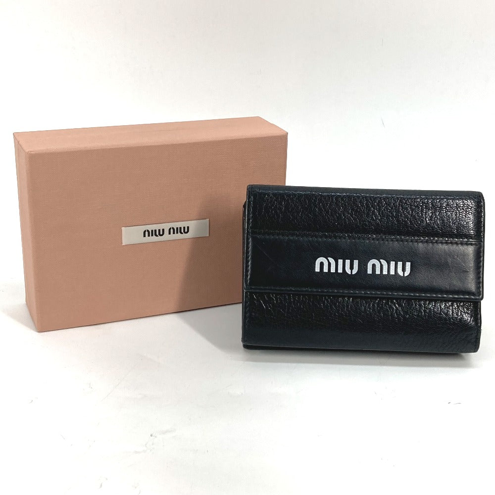 MIUMIU 5ML014 バイカラー ロゴ コンパクトウォレット 3つ折り財布 レザー レディース ブラック