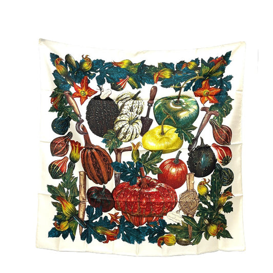 HERMES CITROUILLES＆COLOQU IN TES カボチャとコロシント カレ90 スカーフ シルク レディース ホワイトベージュ ホワイト